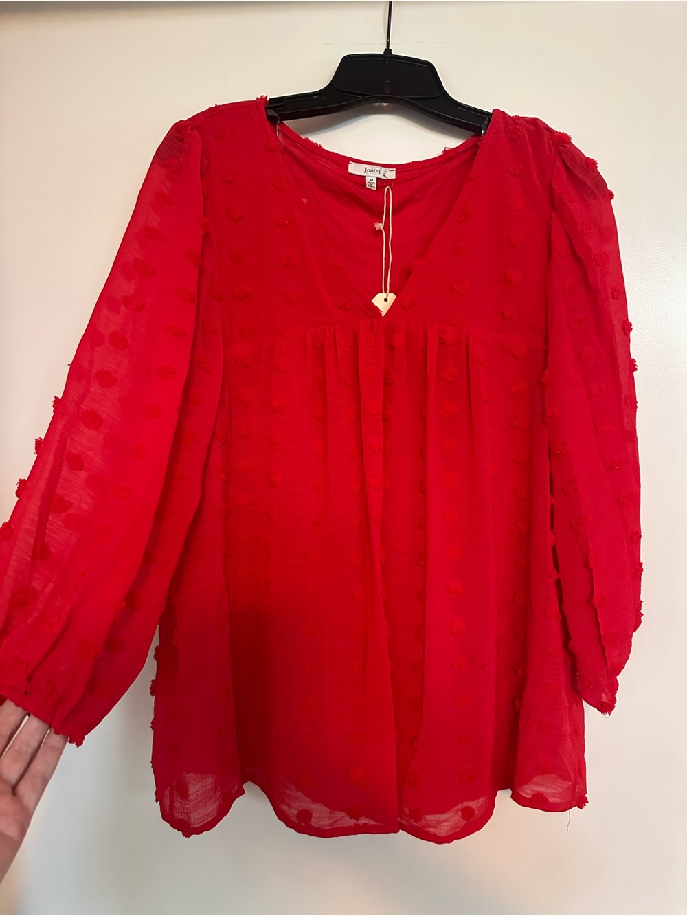 JODIFL Red Swiss Dot Long Sleeve Blouse